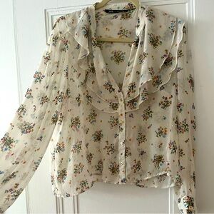Zara Floral Button-up Sheer Blouse size XL